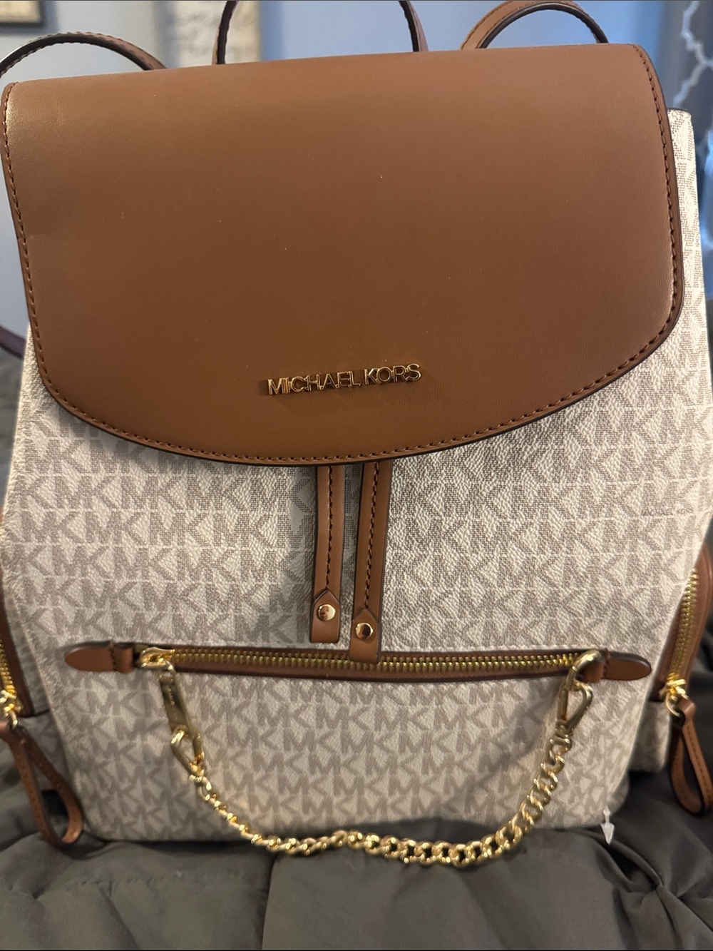 Michael Kors Brown and Beige MK Logo Backpack with Gold Hardware